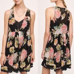 Anthropologie Maeve Violetta Floral Mini Dress Womens XXS Petite Black Pink